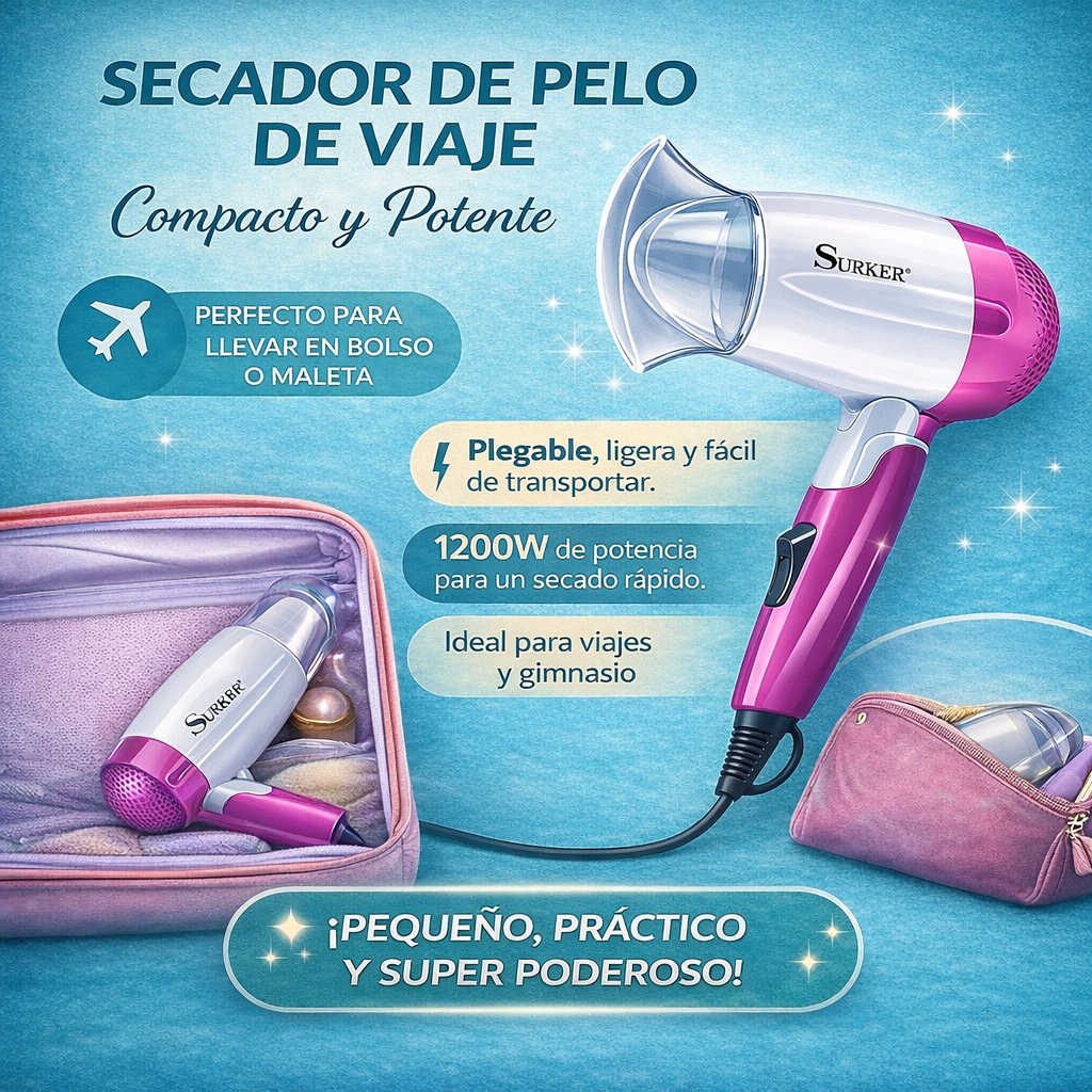 Secador de Pelo Compacto para Viaje - Portátil y Ligero
