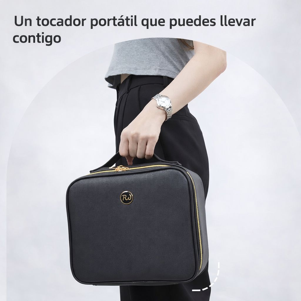 Bolsa de Maquillaje Portátil con Espejo y Luz LED