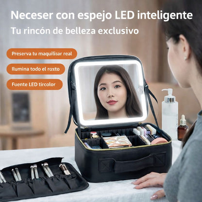Bolsa de Maquillaje Portátil con Espejo y Luz LED